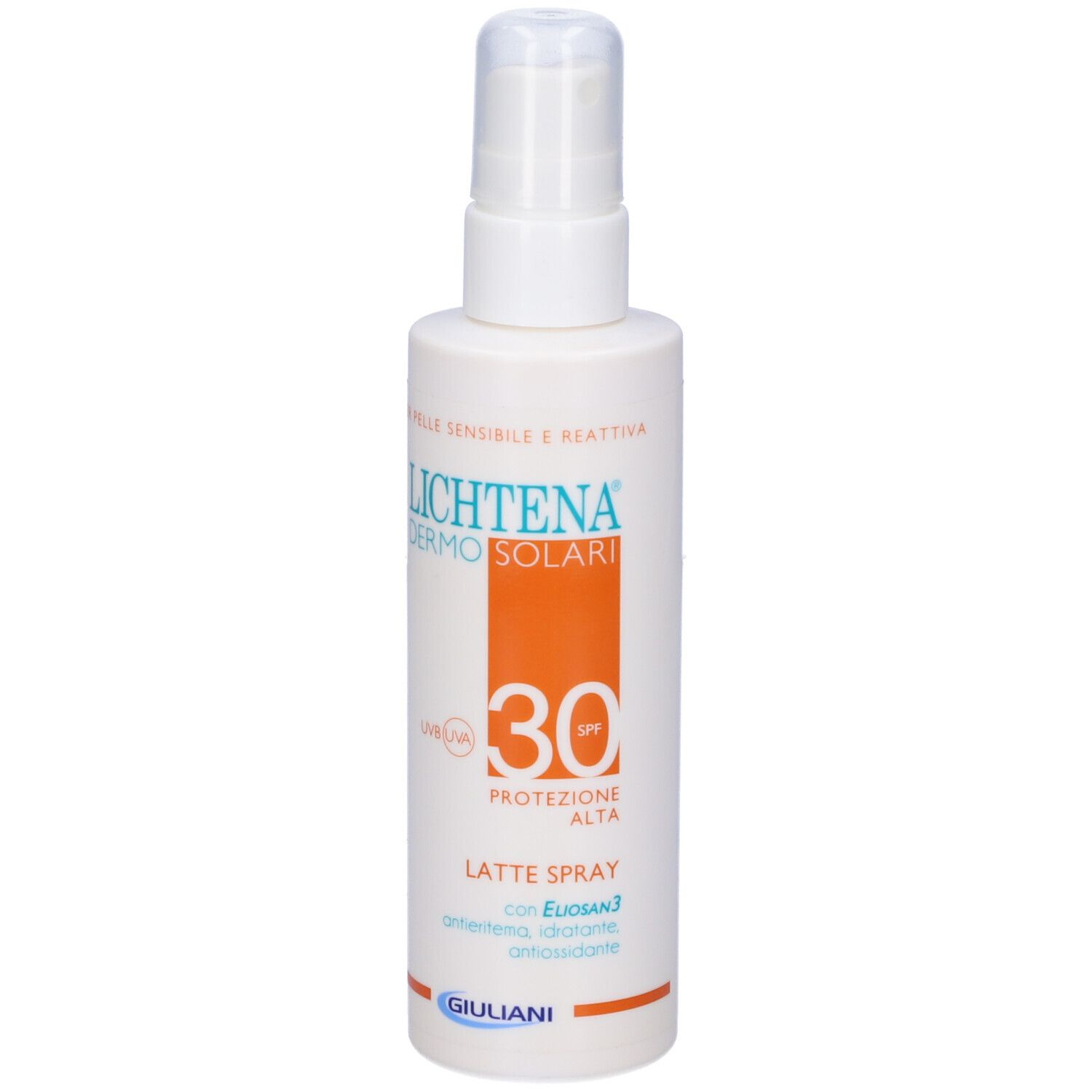 Flacone spray bianco con etichetta Lichtena Dermosolar. Dettagli arancioni. SPF 30. Logo Giuliani.