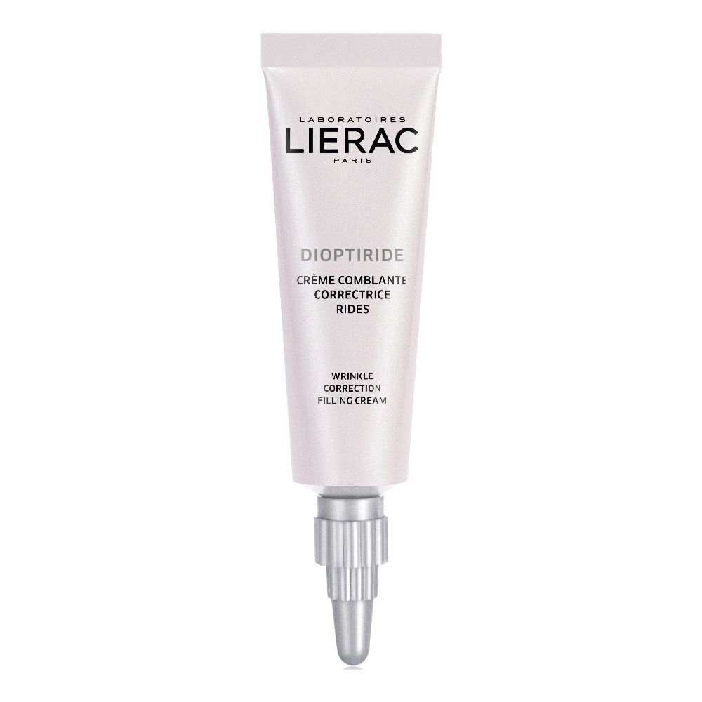 Tube de crème blanc avec embout argenté. Inscription : DIOPTIRIDE, LIERAC. Crème correctrice rides.