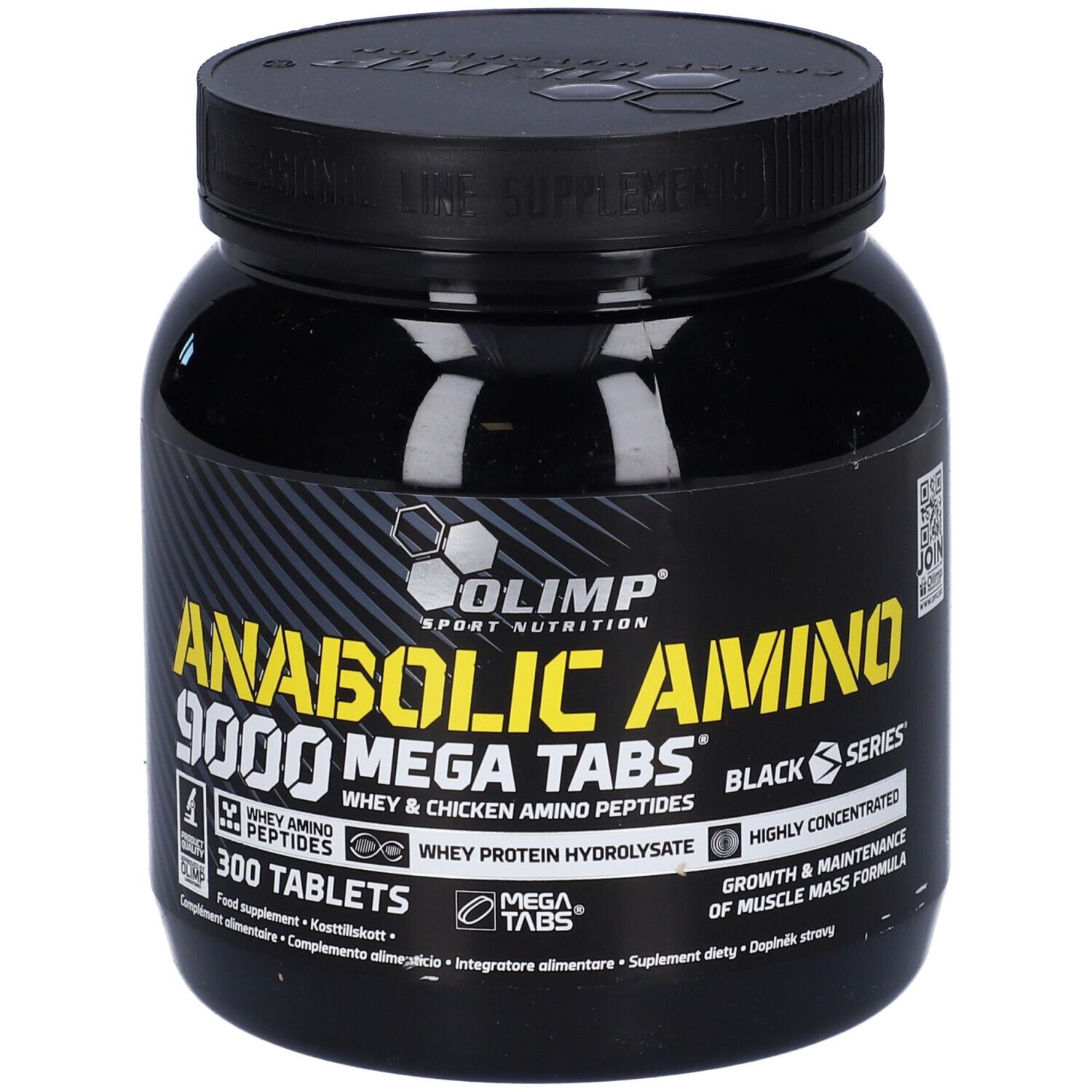 Barattolo nero con 'Anabolic Amino 9000 Mega Tabs'. Contiene 300 compresse. Marca: Olimp.