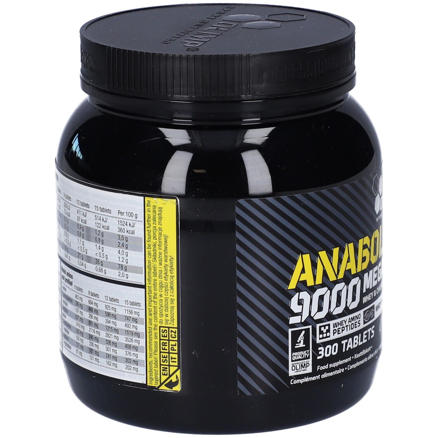 Barattolo nero con informazioni nutrizionali e 'Anabolic Amino 9000 Mega Tabs'. 300 compresse. Olimp.