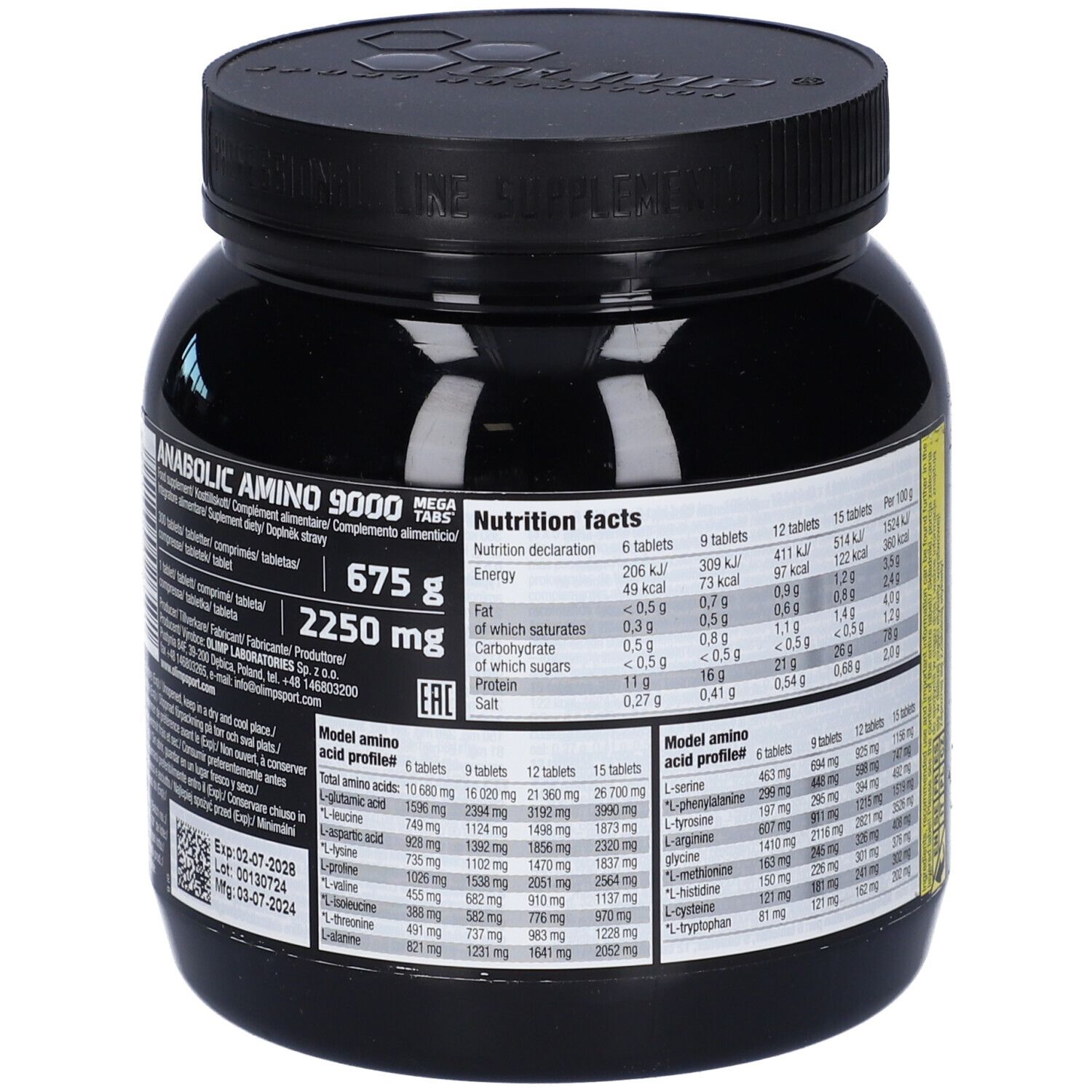 Barattolo nero con informazioni nutrizionali e profilo aminoacidico. 'Anabolic Amino 9000 Mega Tabs'. Olimp.