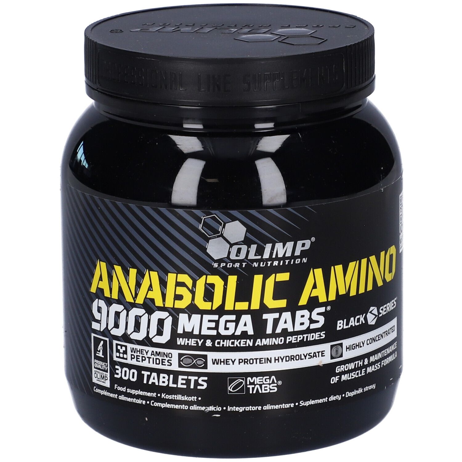 Barattolo nero con 'Anabolic Amino 9000 Mega Tabs'. Contiene 300 compresse. Marca: Olimp.