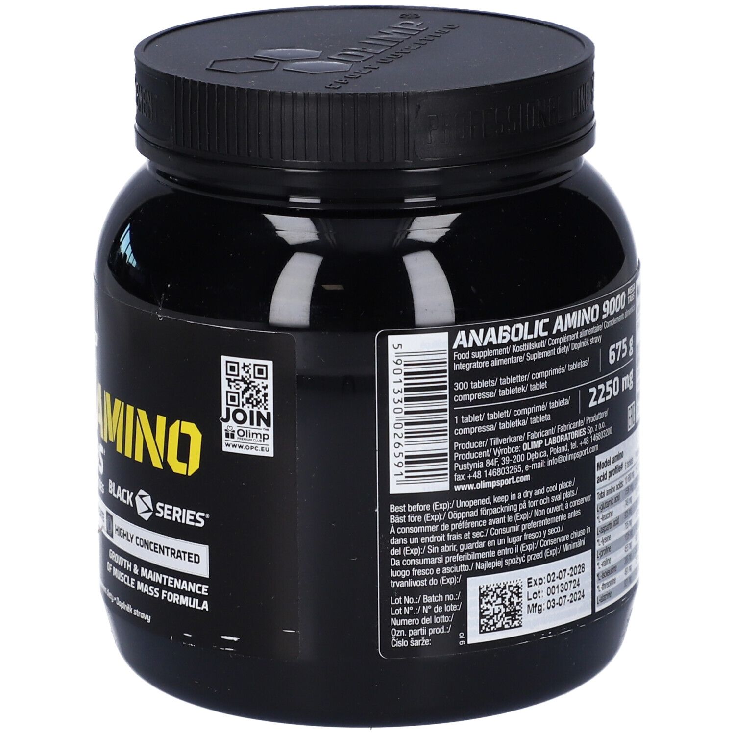 Barattolo nero con 'Anabolic Amino 9000 Mega Tabs'. 300 compresse. Olimp. Informazioni sul retro.