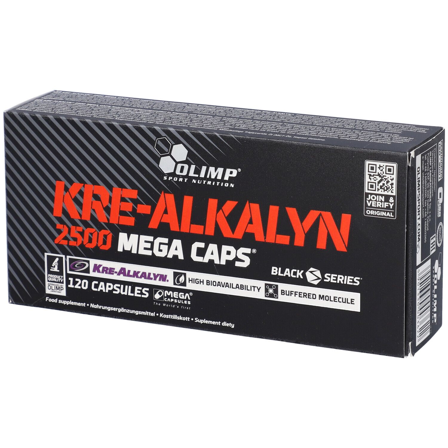 Confezione nera con testo rosso. Visibili "KRE-ALKALYN 2500 MEGA CAPS" e "120 Capsule". Marchio: Olimp.