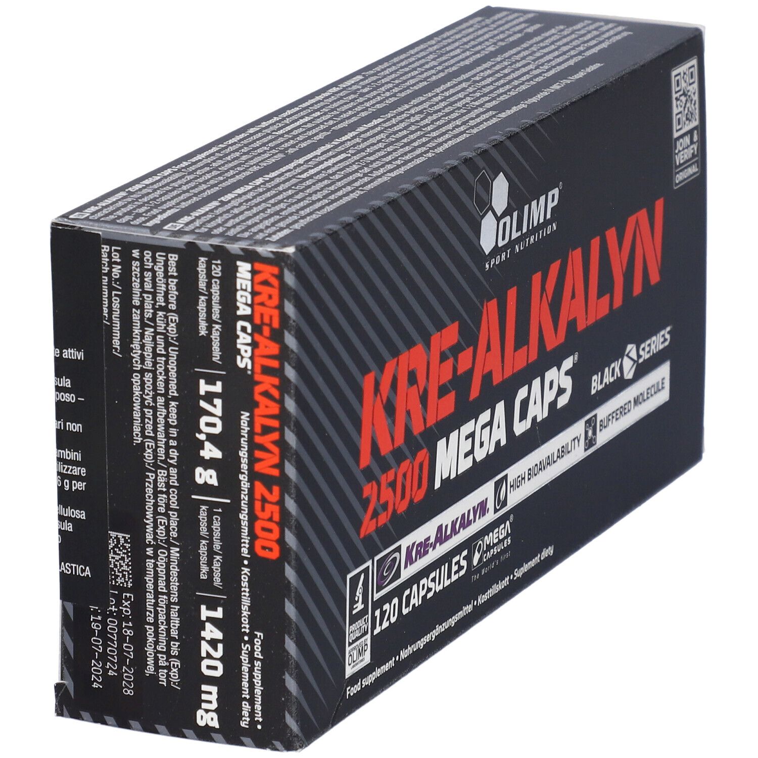 Confezione nera con testo rosso. Visibili "KRE-ALKALYN 2500 MEGA CAPS" e "120 Capsule". Marchio: Olimp.