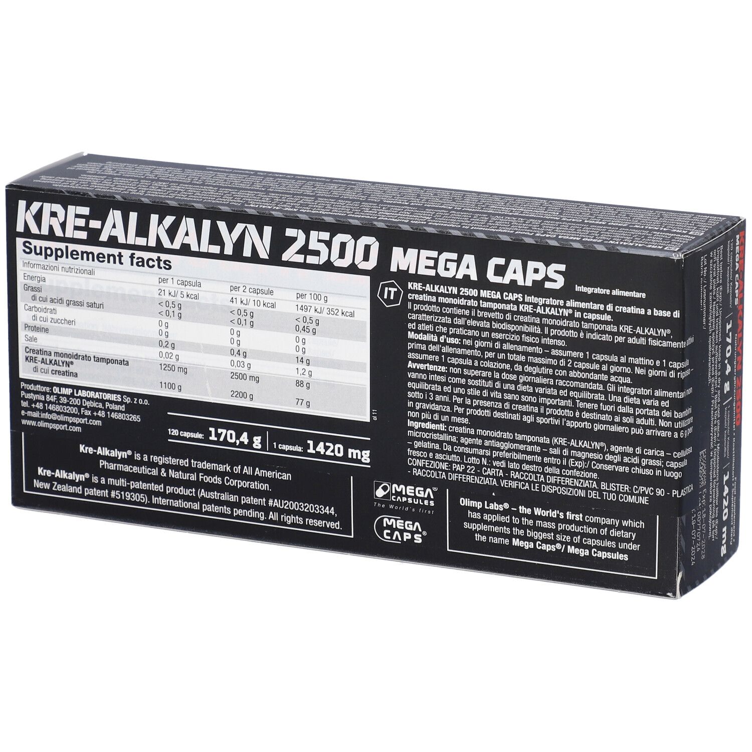 Confezione nera con testo rosso. Visibili "KRE-ALKALYN 2500 MEGA CAPS" e "120 Capsule". Marchio: Olimp.