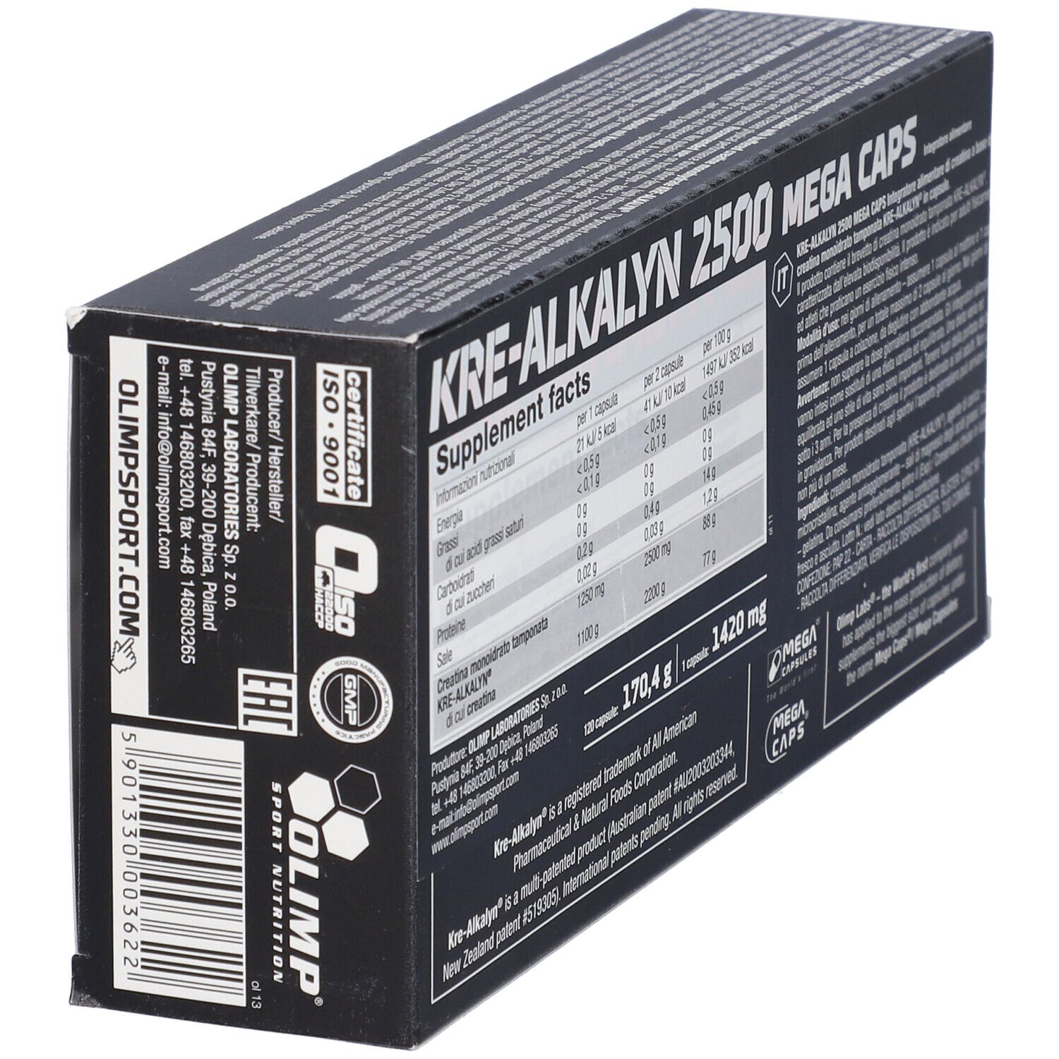 Confezione nera con testo rosso. Visibili "KRE-ALKALYN 2500 MEGA CAPS" e "120 Capsule". Marchio: Olimp.