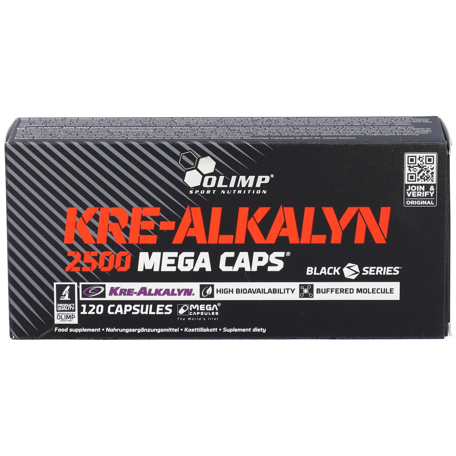 Confezione nera con testo rosso. Visibili "KRE-ALKALYN 2500 MEGA CAPS" e "120 Capsule". Marchio: Olimp.