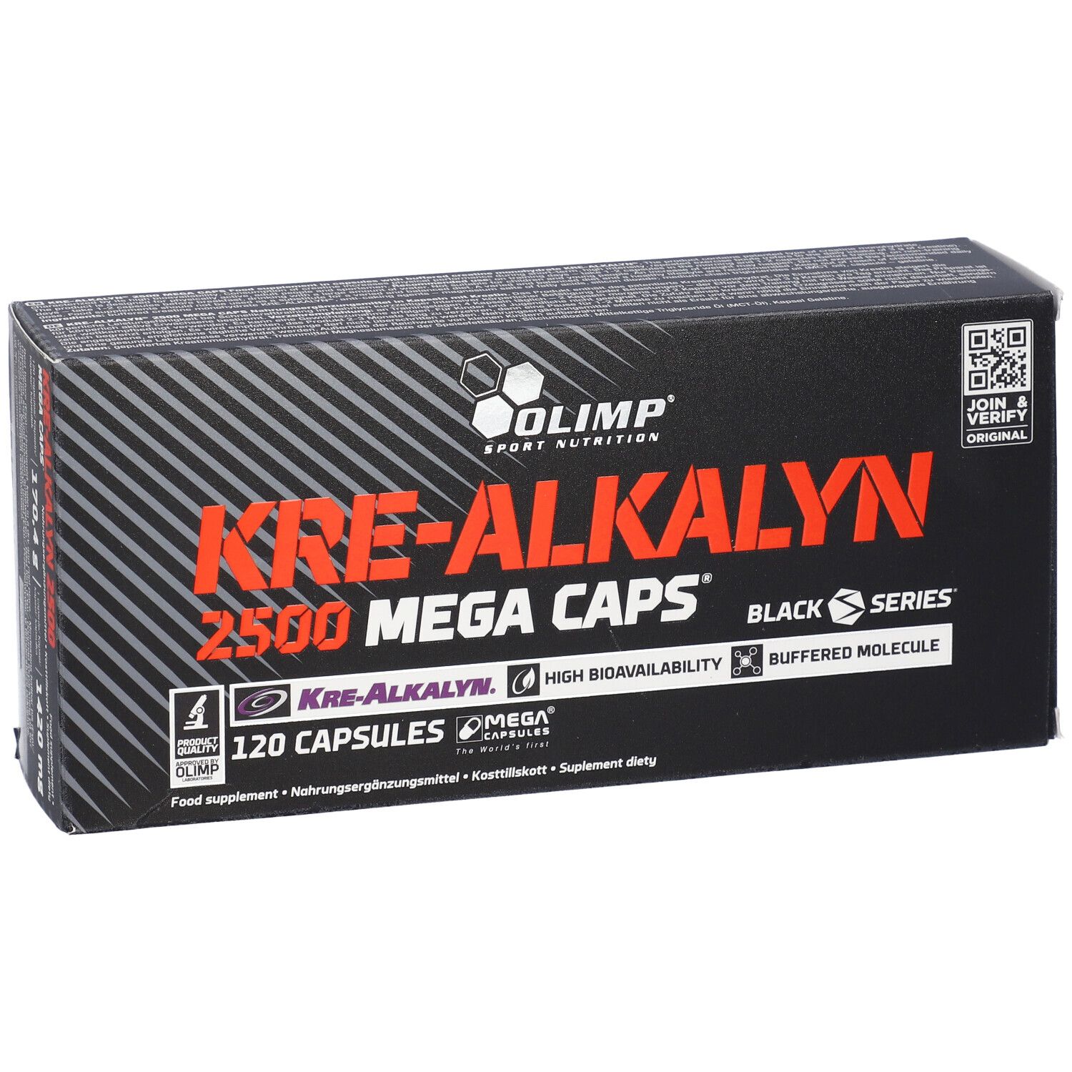 Confezione nera con testo rosso. Visibili "KRE-ALKALYN 2500 MEGA CAPS" e "120 Capsule". Marchio: Olimp.