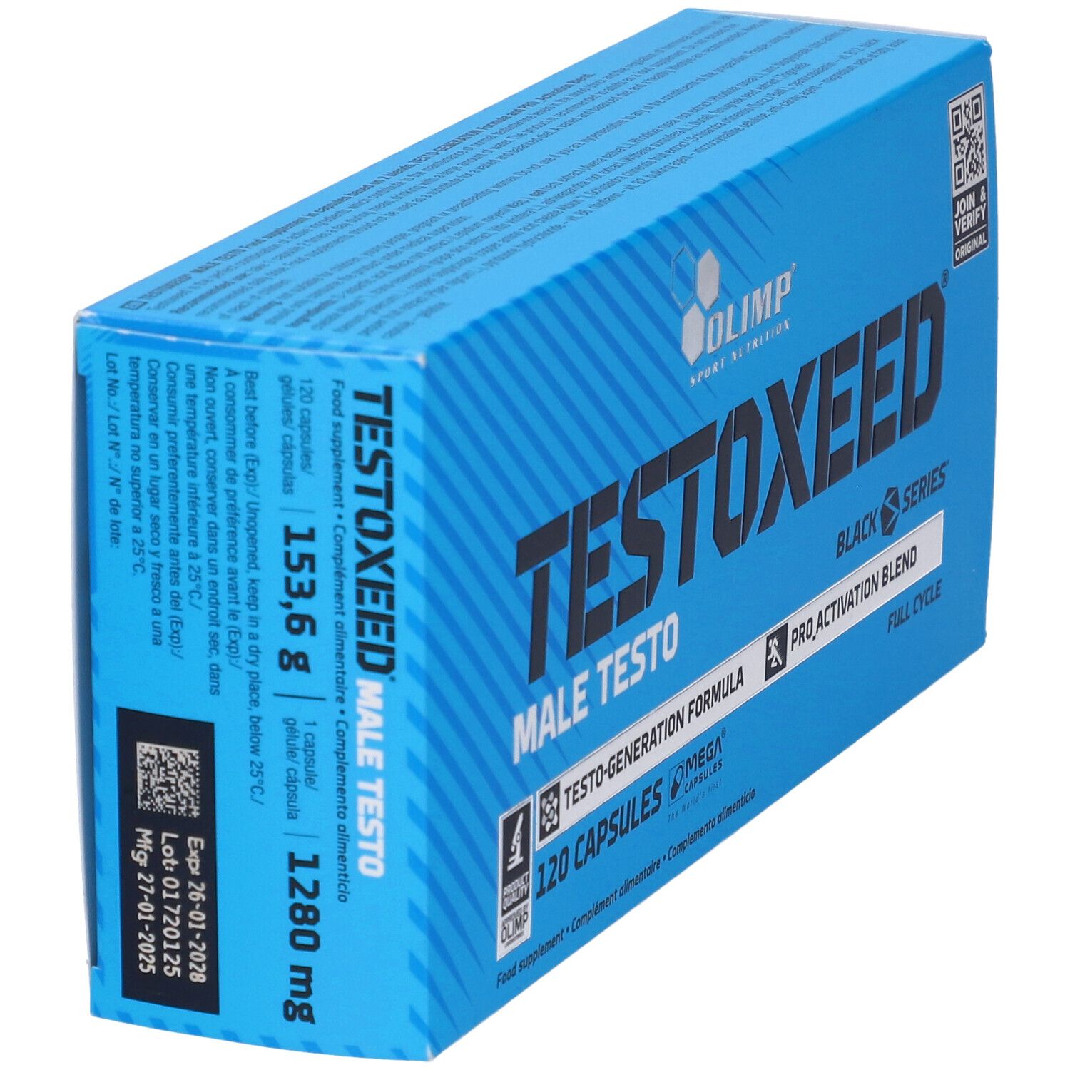Blaue Schachtel mit "TESTOXEED"-Schriftzug. Enthält 120 Kapseln. Gewicht: 153,6 g.