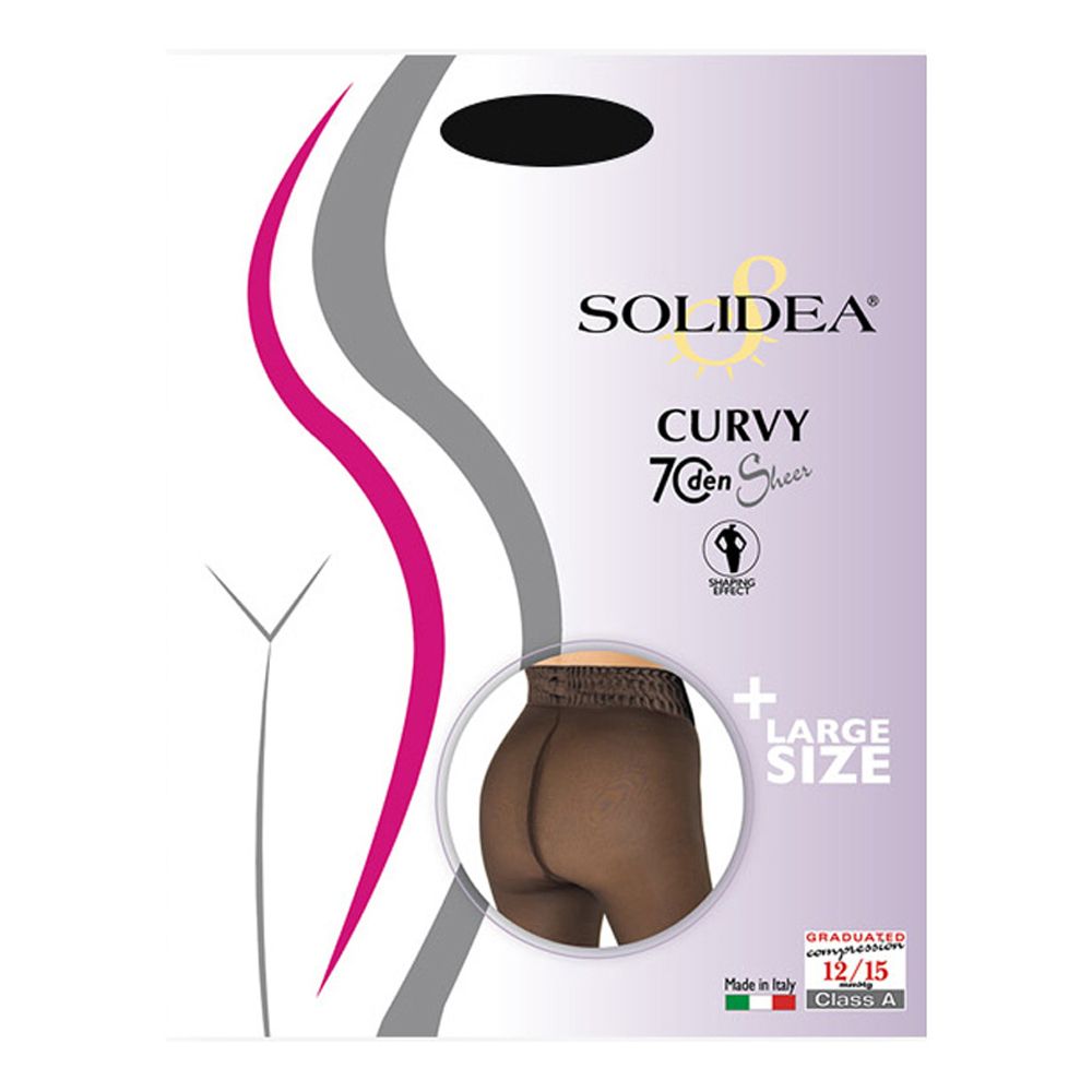 Collant Solidea Curvy 70 DEN, colore Camel, taglia XL. Confezione con immagine del prodotto. Caratteristiche visibili: compressione, Made in Italy.