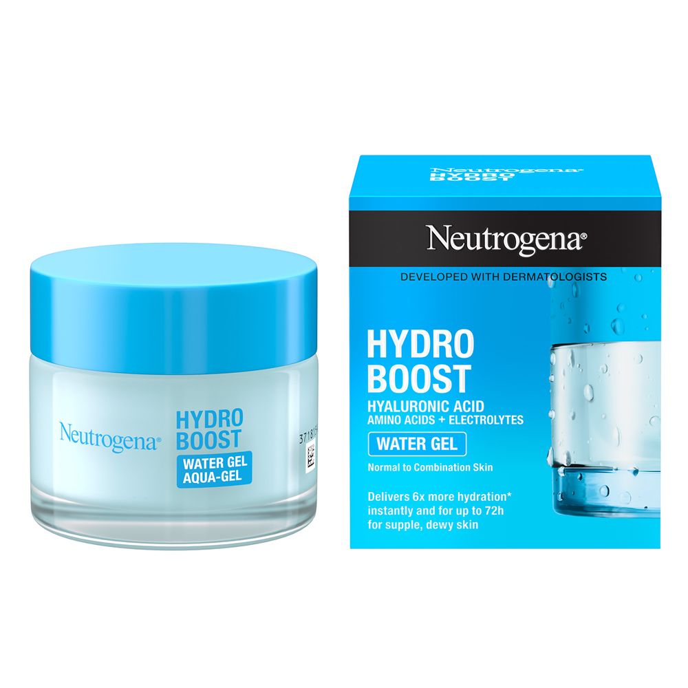 Neutrogena Hydro Boost Aqua Gel. Vasetto blu con coperchio blu e scatola. Testo: Hydro Boost, Water Gel Aqua-Gel.
