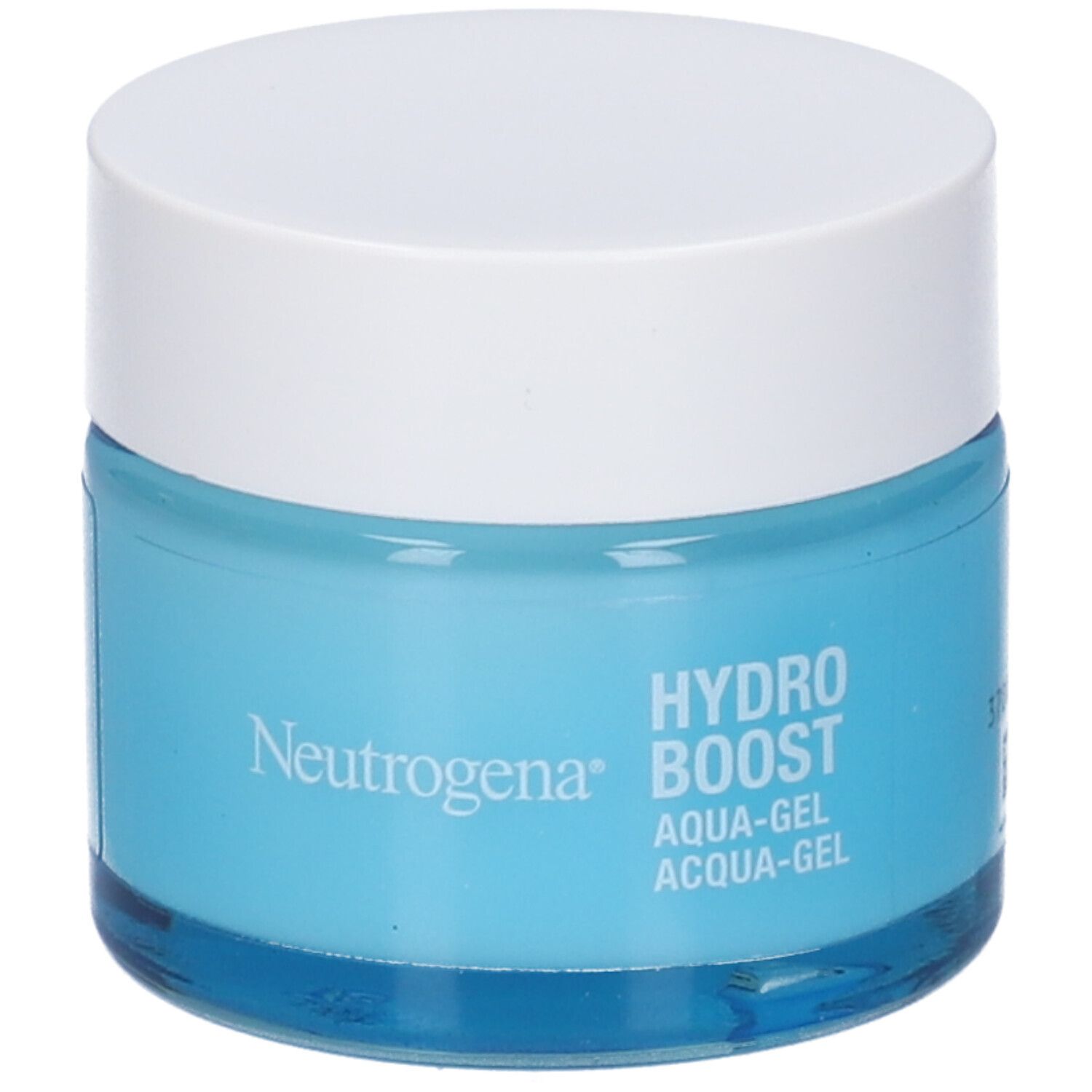 Vasetto Neutrogena Hydro Boost Aqua Gel. Vasetto blu con coperchio bianco. Testo: Hydro Boost, Aqua-Gel.