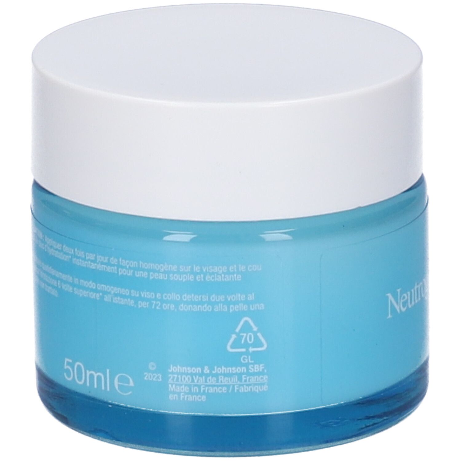 Vasetto Neutrogena Hydro Boost Aqua Gel. Retro. Testo: 50ml, informazioni produttore, 70% riciclabile.