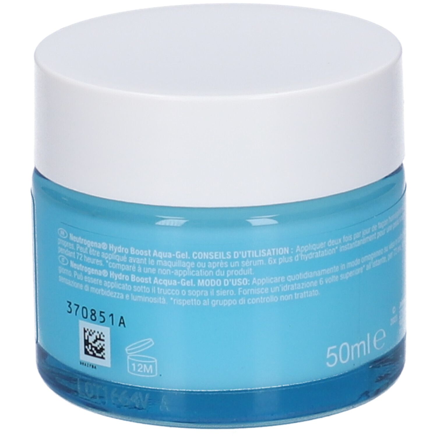 Vasetto Neutrogena Hydro Boost Aqua Gel. Retro. Testo: 50ml, numero di lotto, istruzioni per l'uso.
