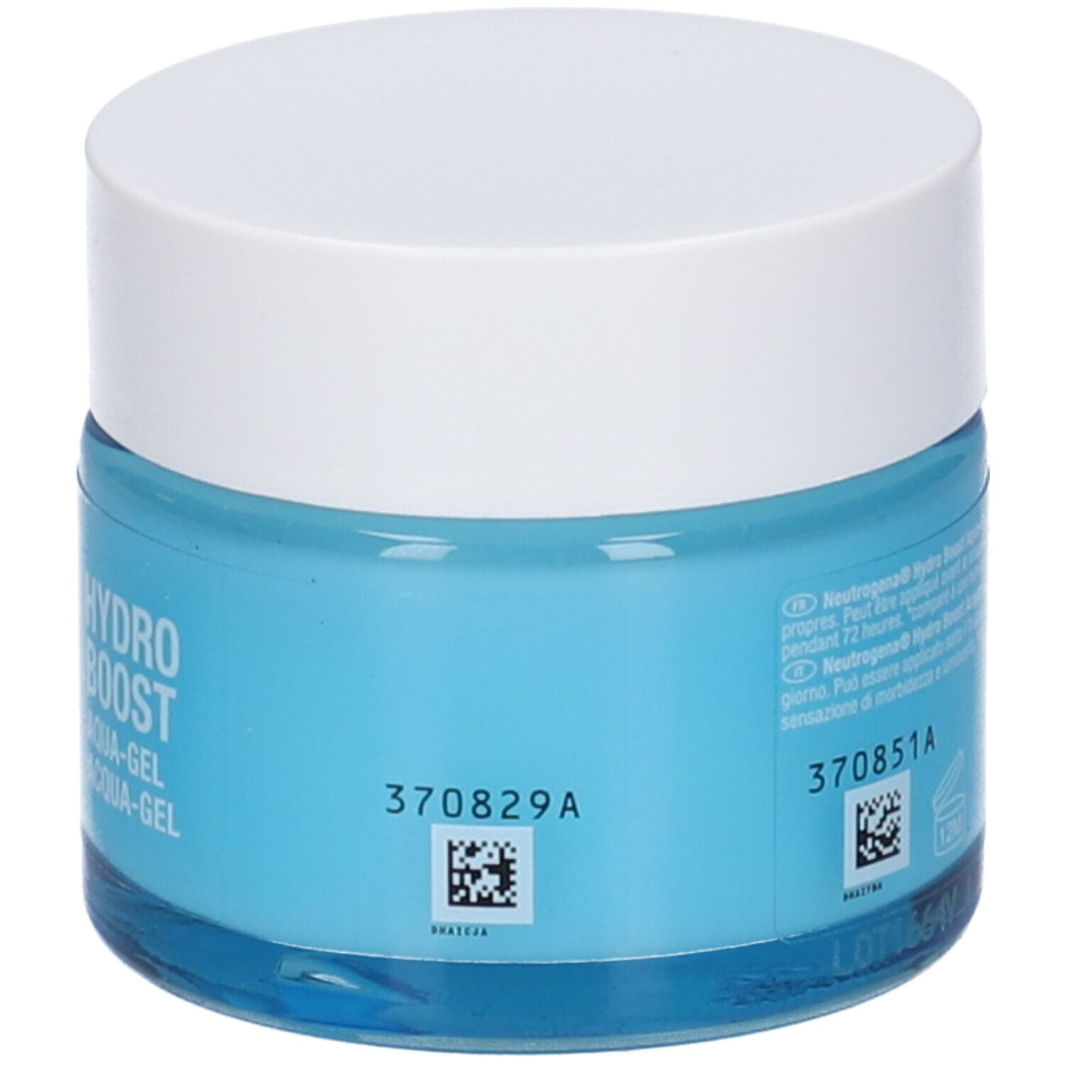 Vasetto Neutrogena Hydro Boost Aqua Gel. Retro. Testo: 50ml, numero di lotto, istruzioni per l'uso.
