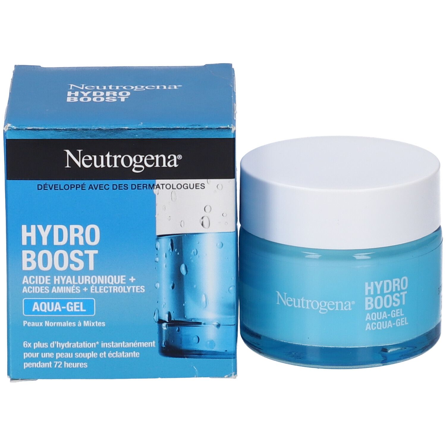 Neutrogena Hydro Boost Aqua Gel e confezione. Testo: Hydro Boost, Aqua-Gel, Acido ialuronico, aminoacidi, elettroliti.
