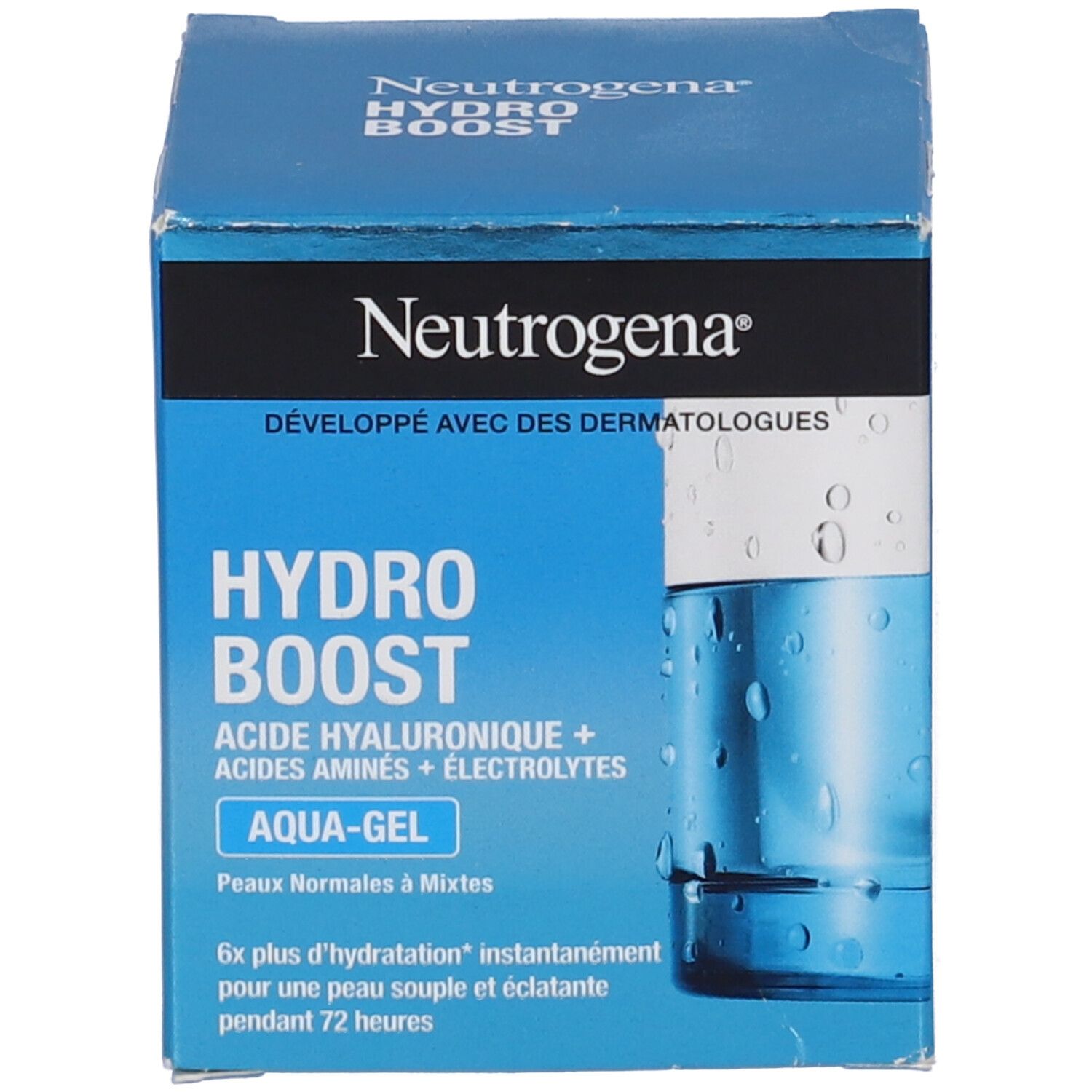 Confezione Neutrogena Hydro Boost Aqua Gel. Testo: Hydro Boost, Aqua-Gel, Acido ialuronico, aminoacidi, elettroliti.
