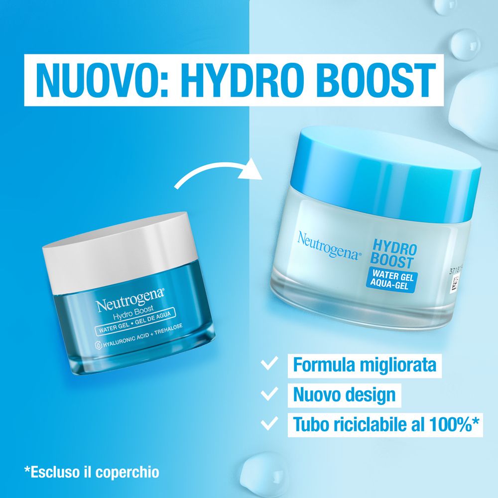 Due vasetti Neutrogena Hydro Boost Aqua Gel. Testo: Hydro Boost, Water Gel Aqua-Gel. Formula migliorata, nuovo design, tubo riciclabile.