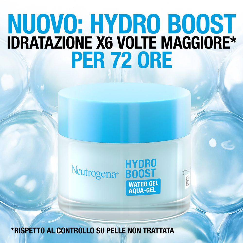 Vasetto Neutrogena Hydro Boost Aqua Gel. Testo: Hydro Boost, Water Gel Aqua-Gel. 6 volte più idratazione per 72 ore.