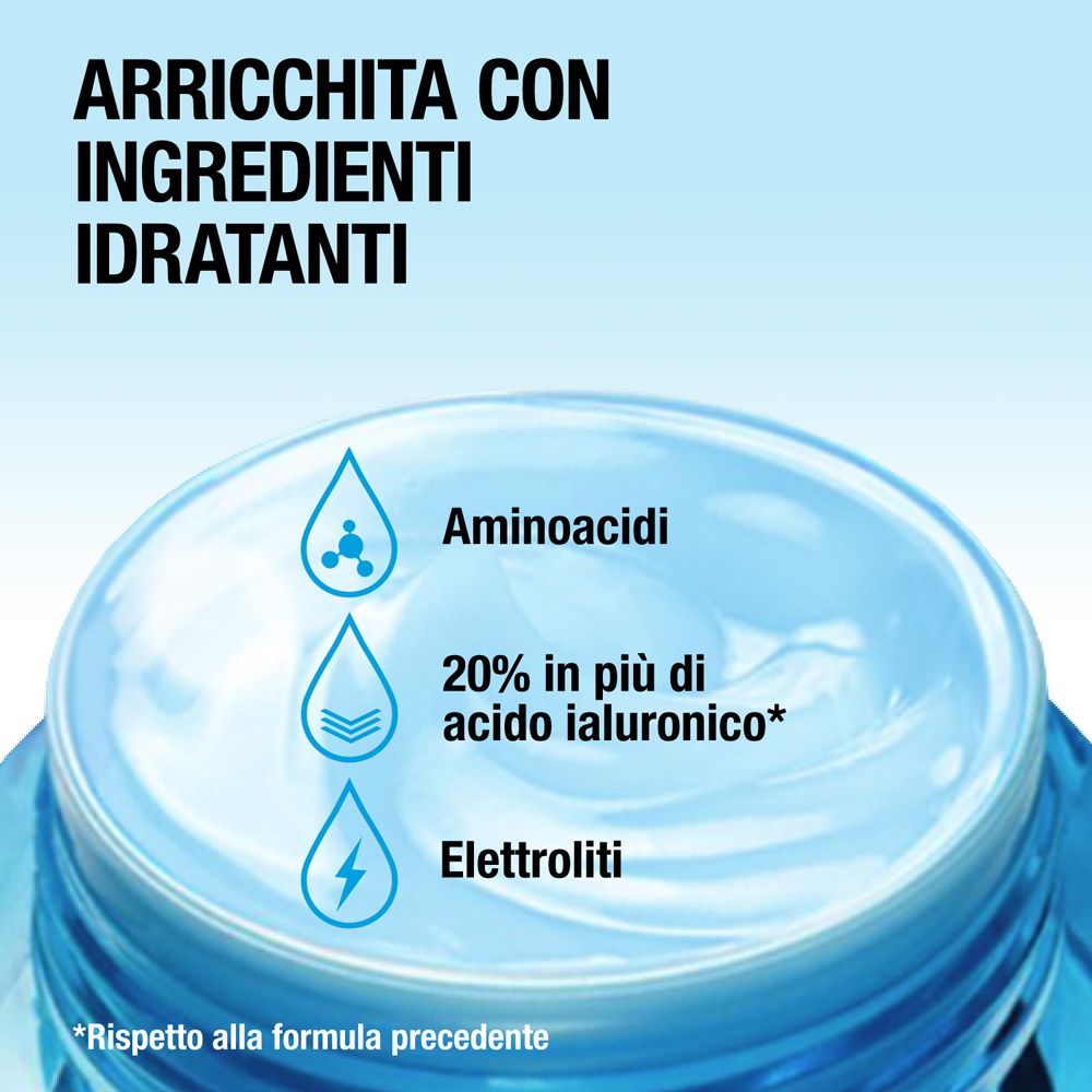 Grafica con gocce e testo: Aminoacidi, 20% in più di acido ialuronico, elettroliti.