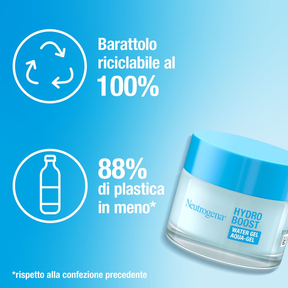 Vasetto Neutrogena Hydro Boost Aqua Gel. Testo: Barattolo riciclabile al 100%, 88% di plastica in meno.