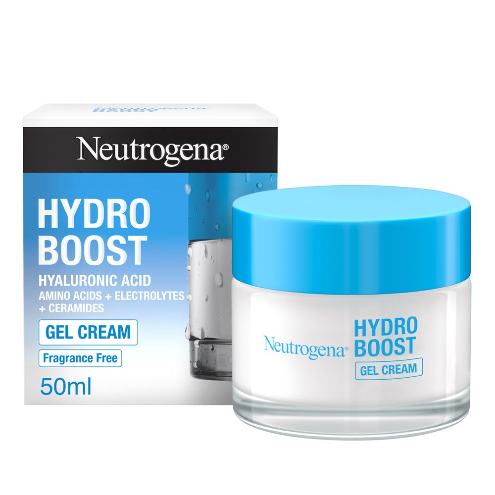 Neutrogena Hydro Boost Crema Gel. Vasetto in vetro con coperchio blu e confezione. 50ml. Testo: Hydro Boost, Gel Cream.