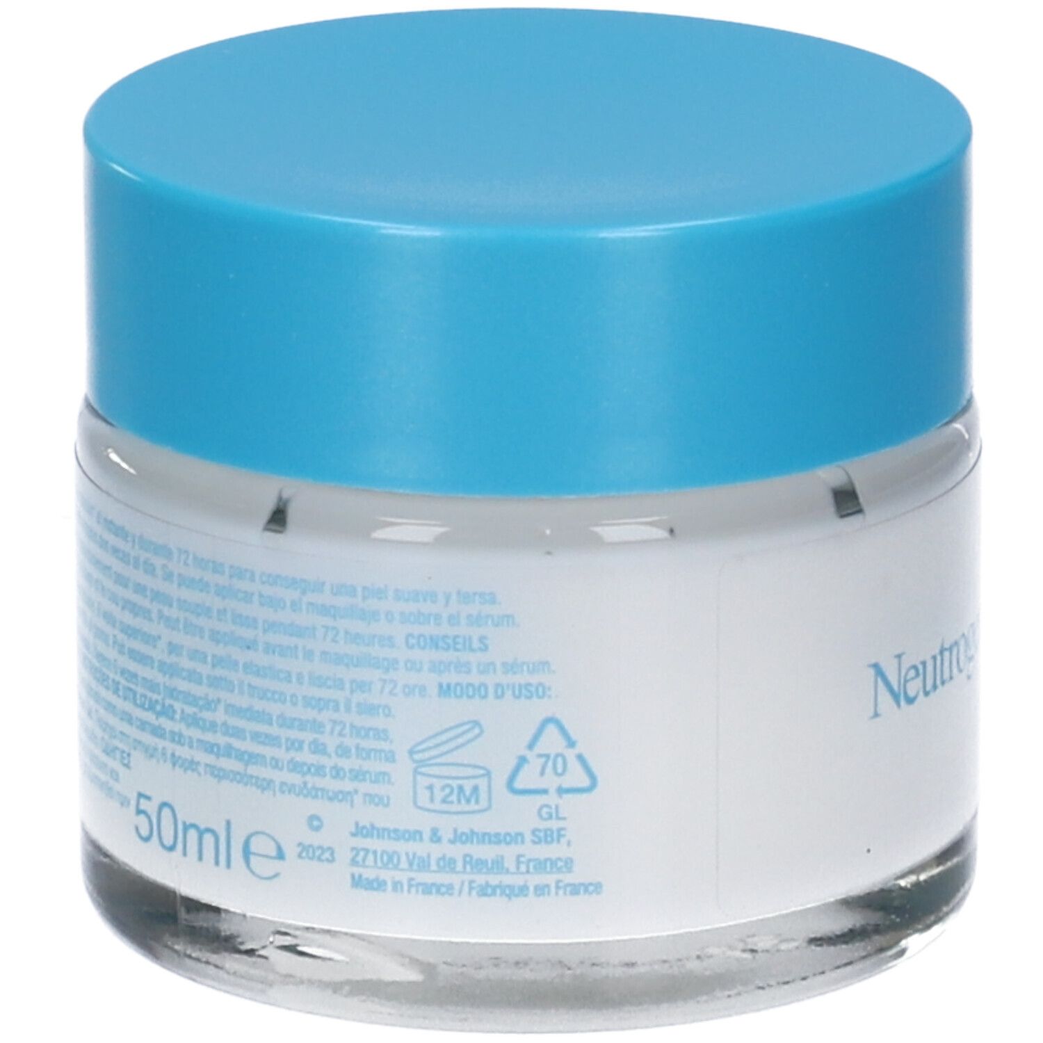 Neutrogena Hydro Boost Crema Gel. Retro del vasetto. Testo: 50ml, 12M, GL.