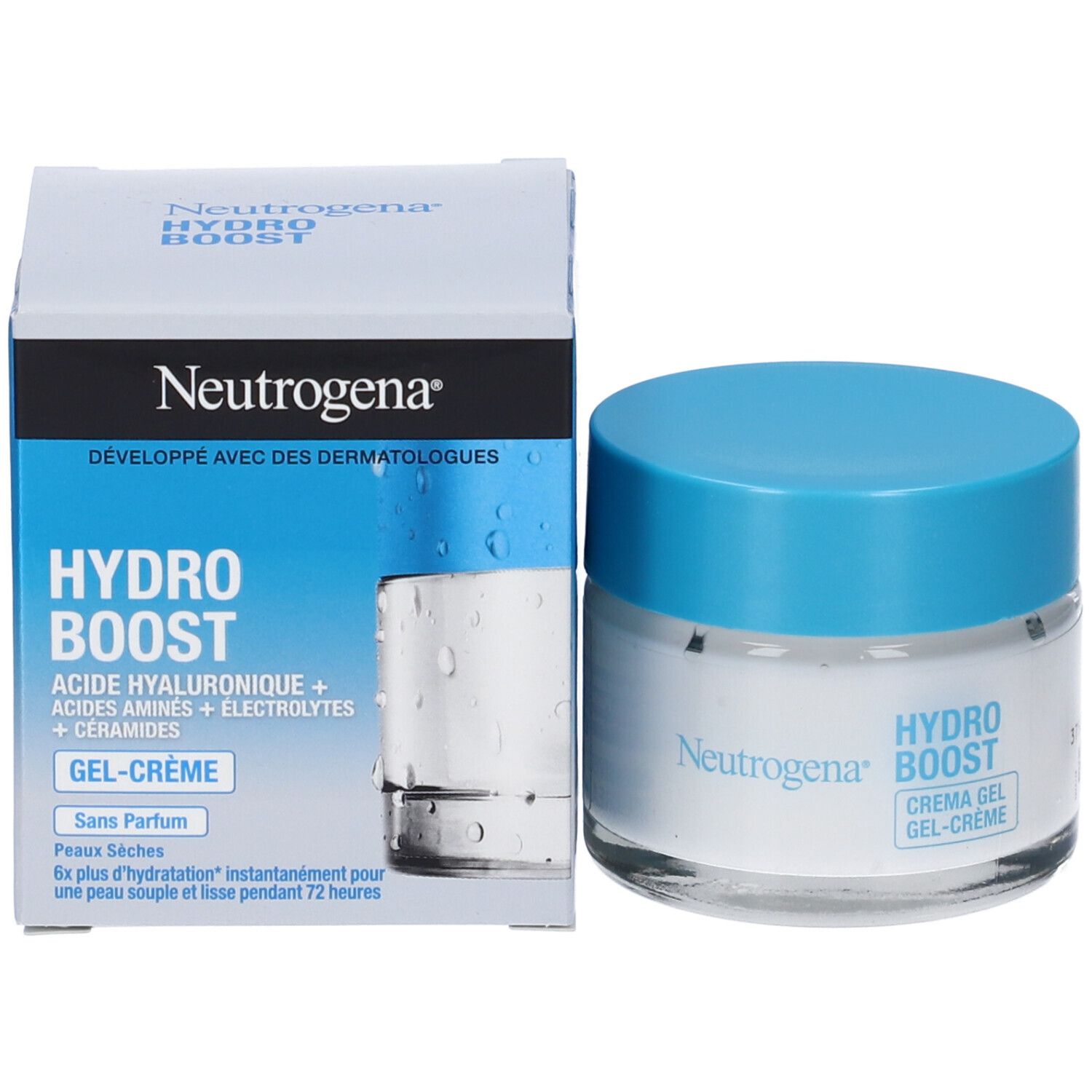 Neutrogena Hydro Boost Crema Gel. Confezione. Testo: Hydro Boost, Crema Gel, senza profumo, pelli secche.