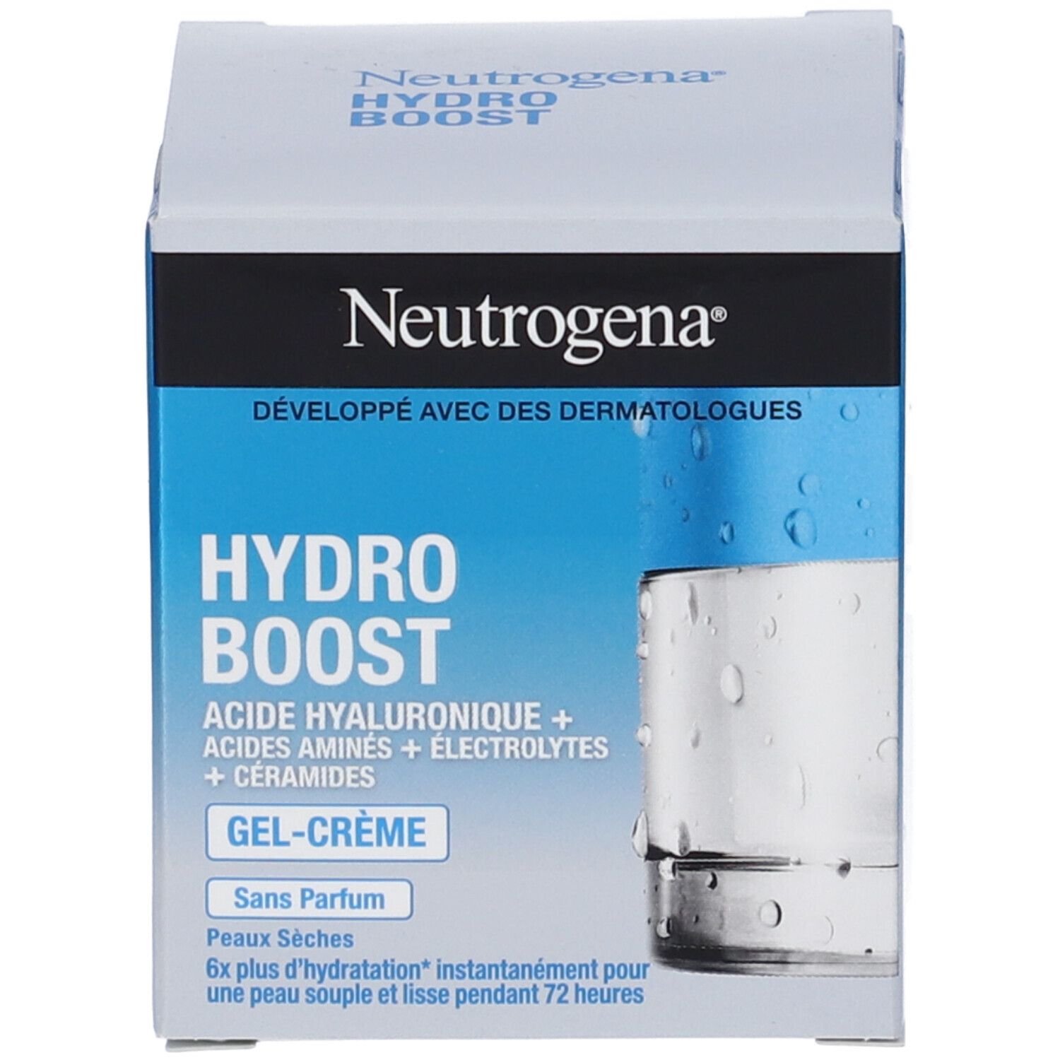 Neutrogena Hydro Boost Crema Gel. Confezione. Testo: Hydro Boost, Crema Gel, sviluppato con dermatologi.
