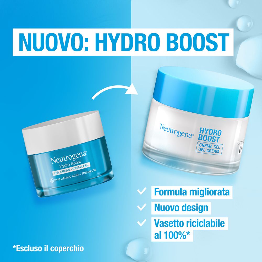 Due vasetti di Neutrogena Hydro Boost Crema Gel. Testo: Hydro Boost, Crema Gel. Formula migliorata, nuovo design, 100% riciclabile.