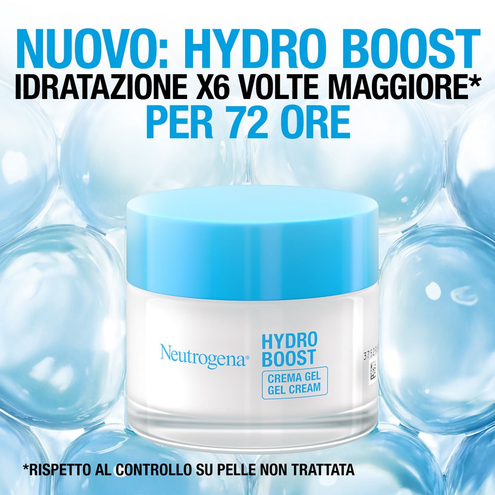 Neutrogena Hydro Boost Crema Gel. Vasetto con coperchio blu. Testo: Hydro Boost, Crema Gel. 6 volte più idratazione per 72 ore.