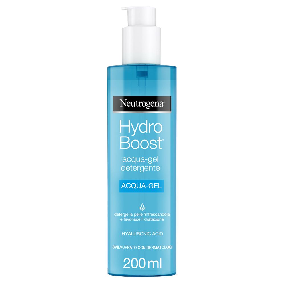 Neutrogena Hydro Boost Aqua Gel Detergente. Flacone blu con dosatore bianco. Nome del prodotto e testo sull'etichetta.