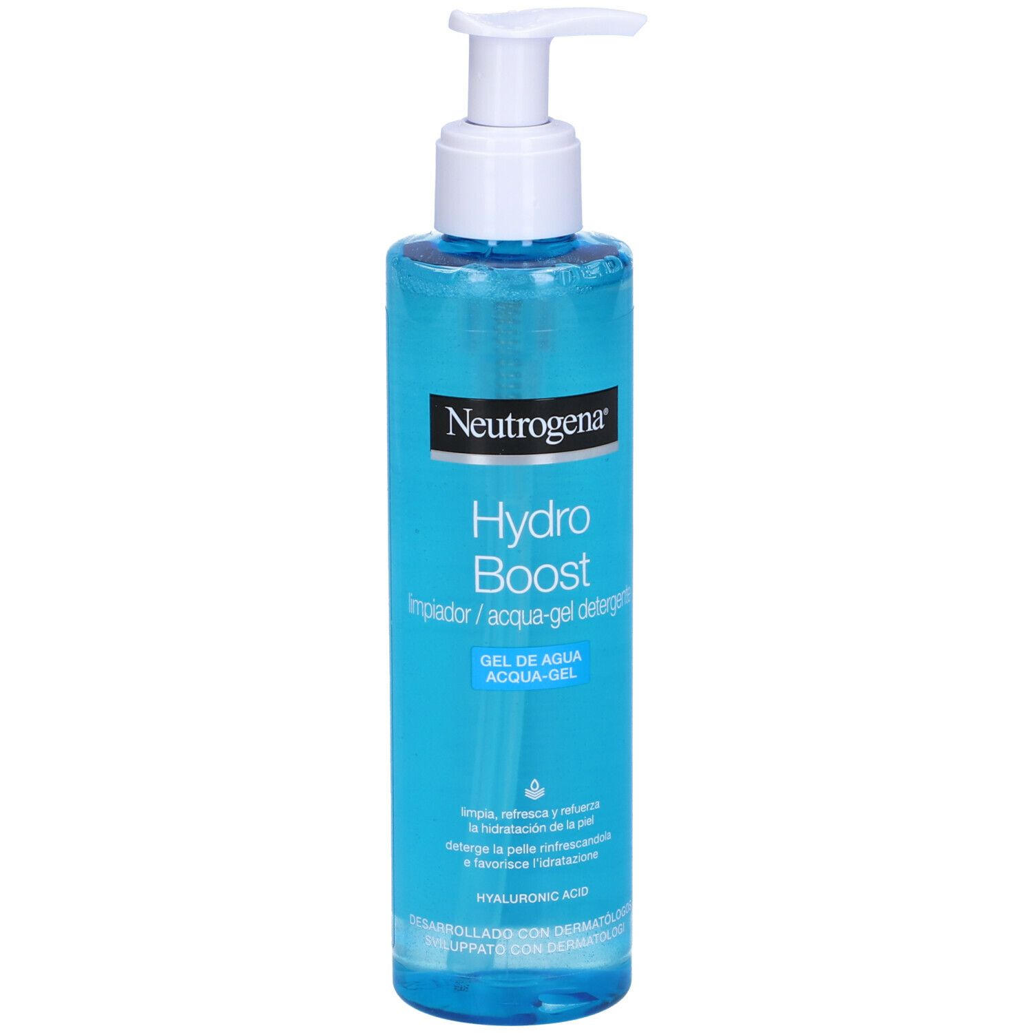 Neutrogena Hydro Boost Aqua Gel Detergente. Flacone blu con dosatore bianco. Nome del prodotto e testo sull'etichetta.