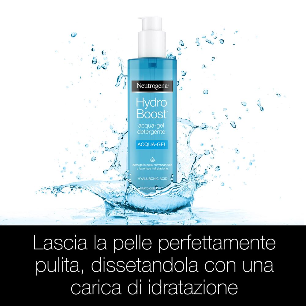 Neutrogena Hydro Boost Aqua Gel Detergente. Prodotto in splash d'acqua. Testo: 'Lascia la pelle perfettamente pulita'.