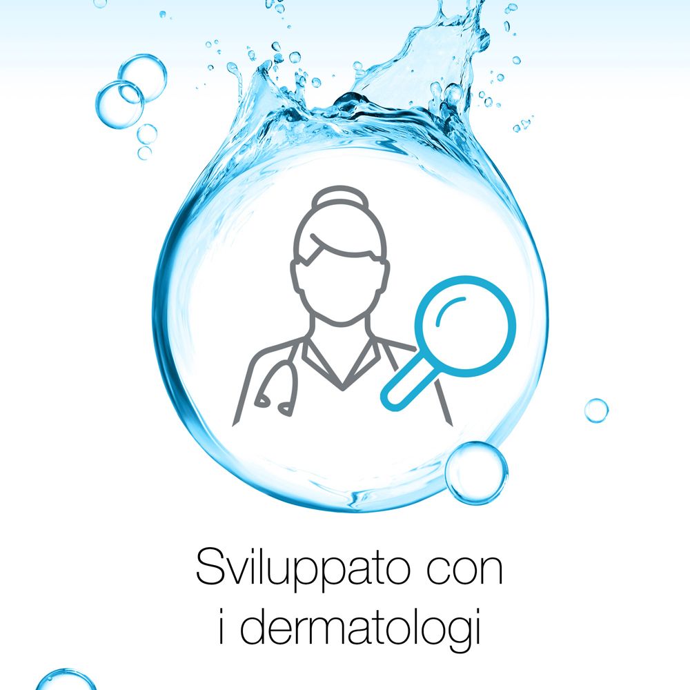 Viso con medico, circondato dall'acqua. Testo: 'Sviluppato con i dermatologi'.