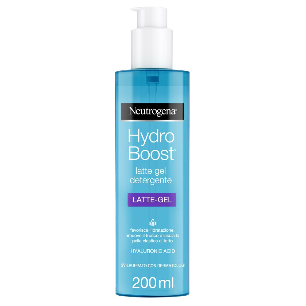 Neutrogena Hydro Boost Latte Gel Detergente Viso. Flacone blu con dosatore. Testo: Hydro Boost, Latte Gel Detergente, 200 ml.