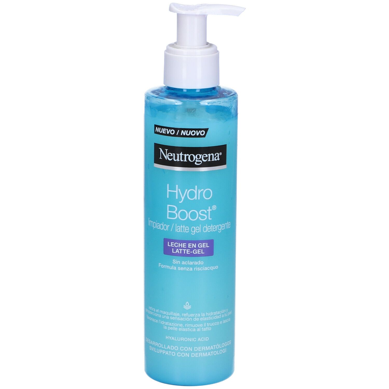 Neutrogena Hydro Boost. Flacone blu con dosatore. Testo: Hydro Boost, Impador/latte gel detergente, 200 ml.