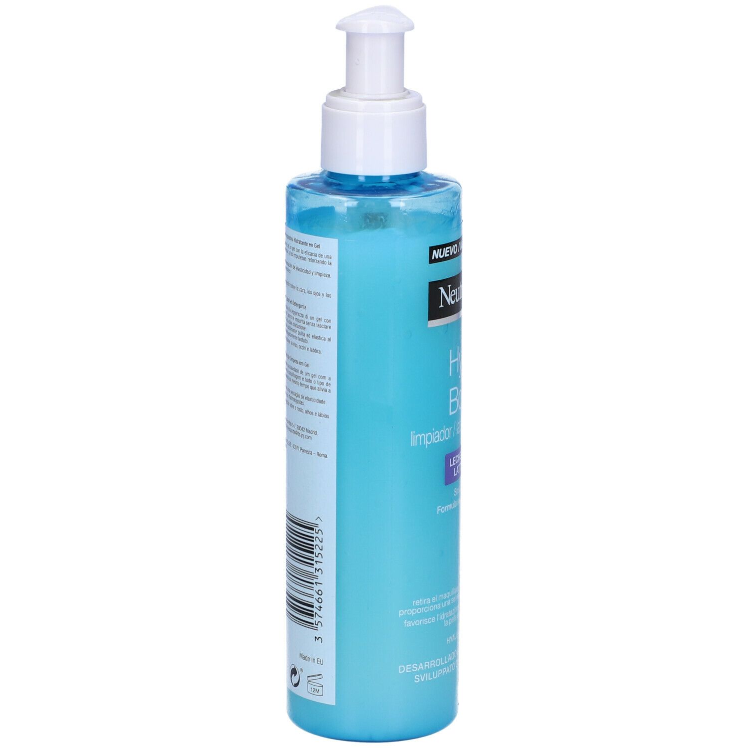 Neutrogena Hydro Boost. Flacone blu con dosatore. Retro con testo.