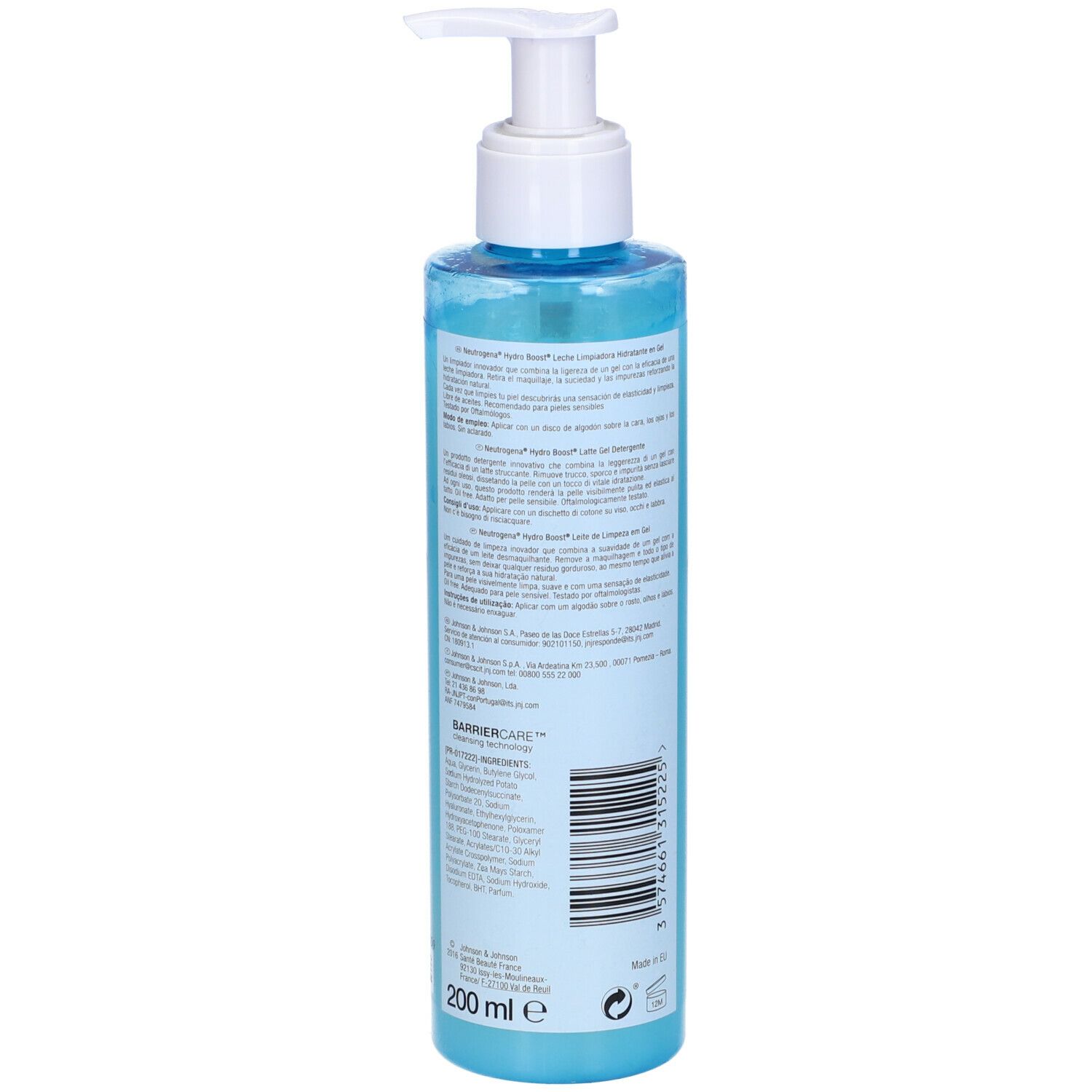Neutrogena Hydro Boost. Flacone blu con dosatore. Retro con testo.