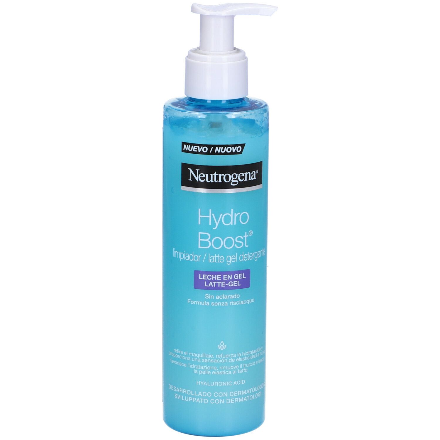 Neutrogena Hydro Boost. Flacone blu con dosatore. Testo: Hydro Boost, Impador/latte gel detergente, 200 ml.