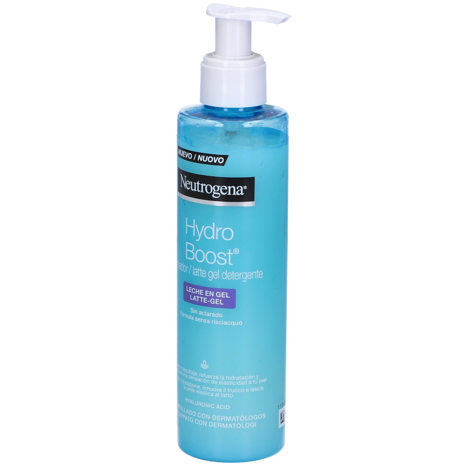 Neutrogena Hydro Boost. Flacone blu con dosatore. Testo: Hydro Boost, Impador/latte gel detergente.