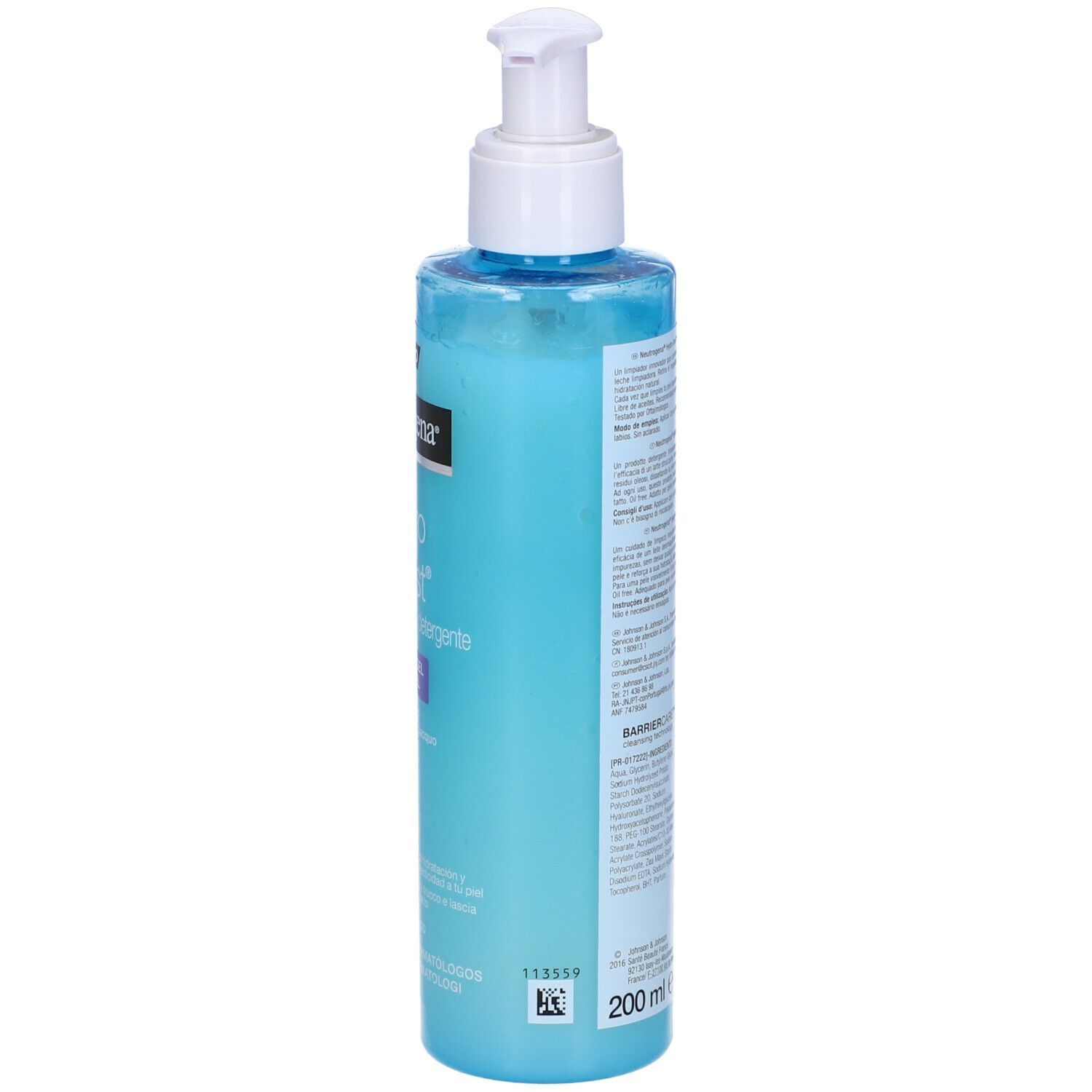 Neutrogena Hydro Boost. Flacone blu con dosatore. Retro con testo.