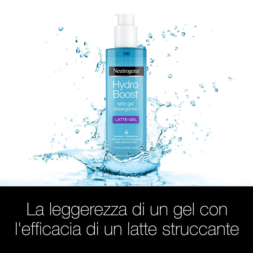Neutrogena Hydro Boost Latte Gel Detergente Viso. Prodotto in acqua. Testo: Hydro Boost, Latte Gel Detergente.