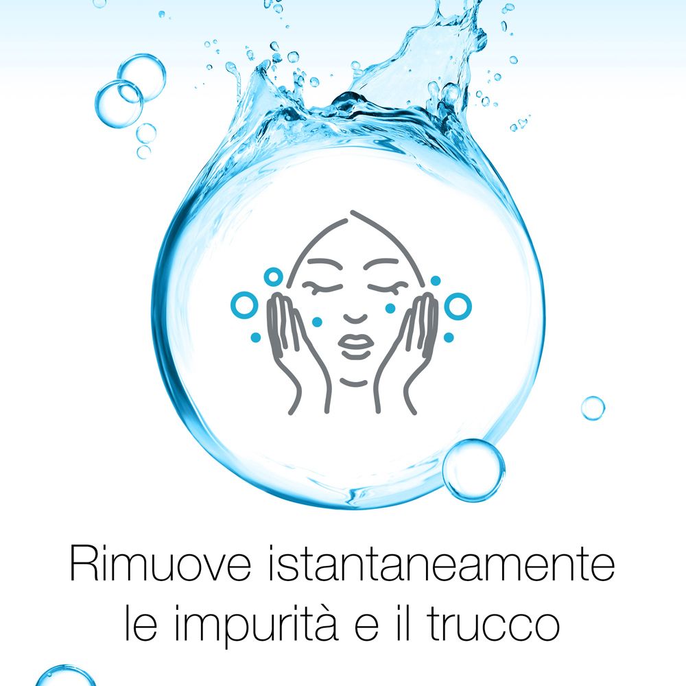Viso con acqua. Testo: Rimuove istantaneamente le impurità e il trucco.