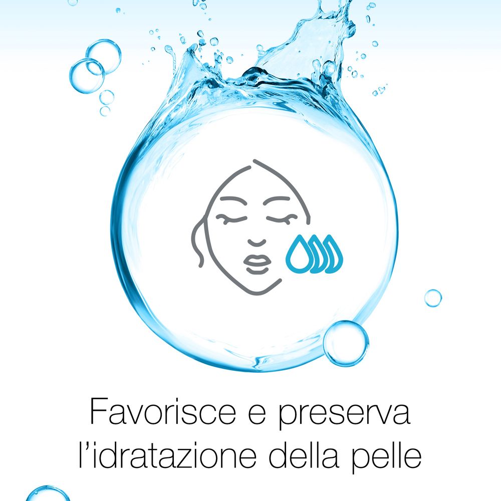 Viso con acqua. Testo: Favorisce e preserva l'idratazione della pelle.
