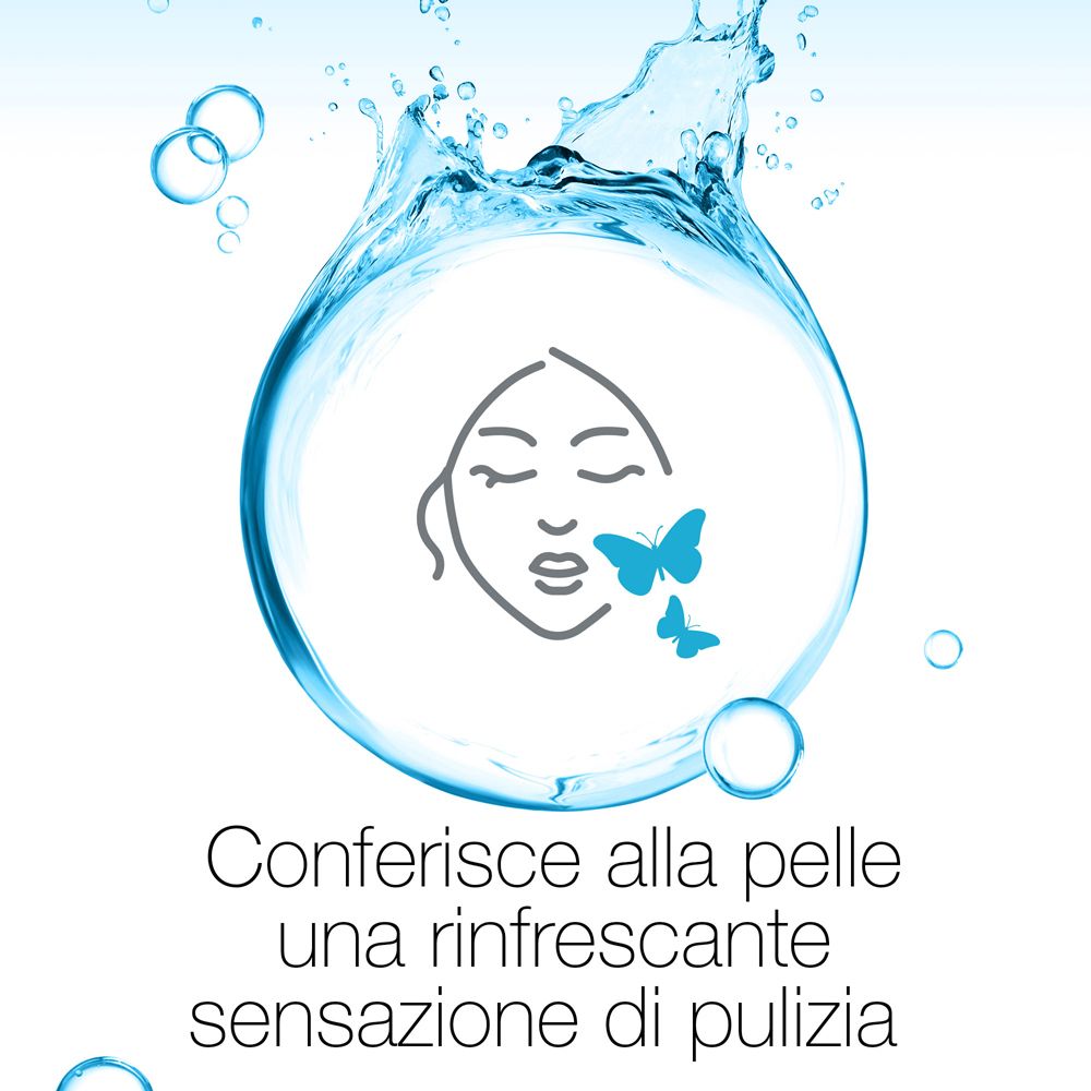 Viso con acqua. Testo: Conferisce alla pelle una rinfrescante sensazione di pulizia.