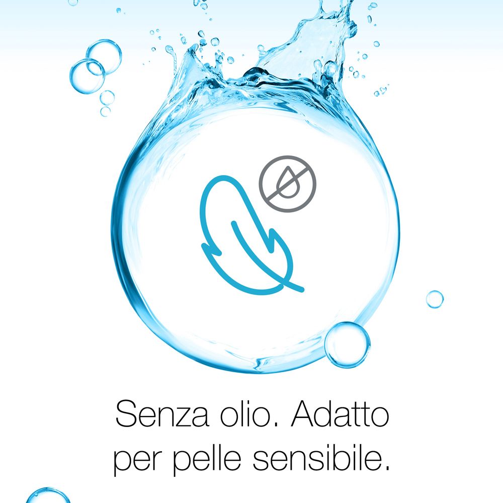 Viso con acqua. Testo: Senza olio. Adatto per pelli sensibili.