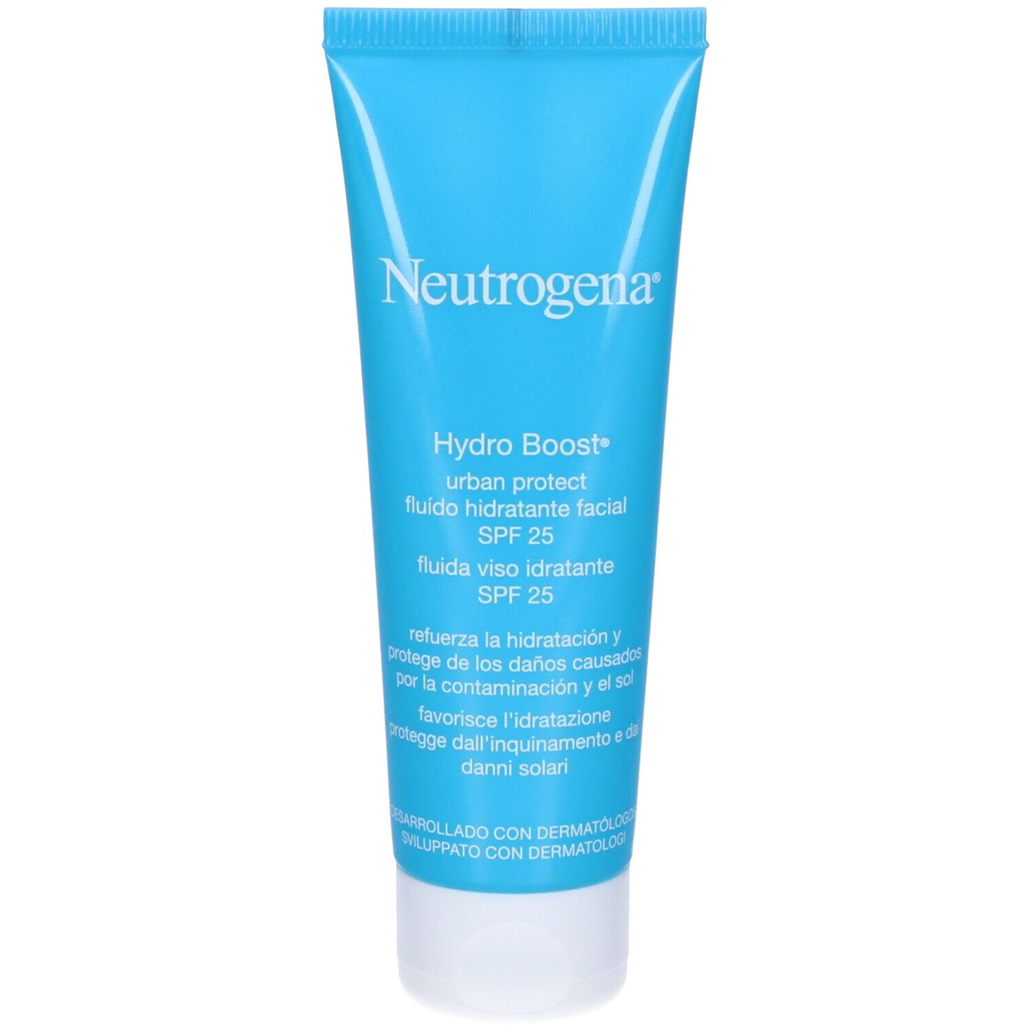Neutrogena Hydro Boost Urban Protect Fluido. Tubo blu con tappo bianco.
