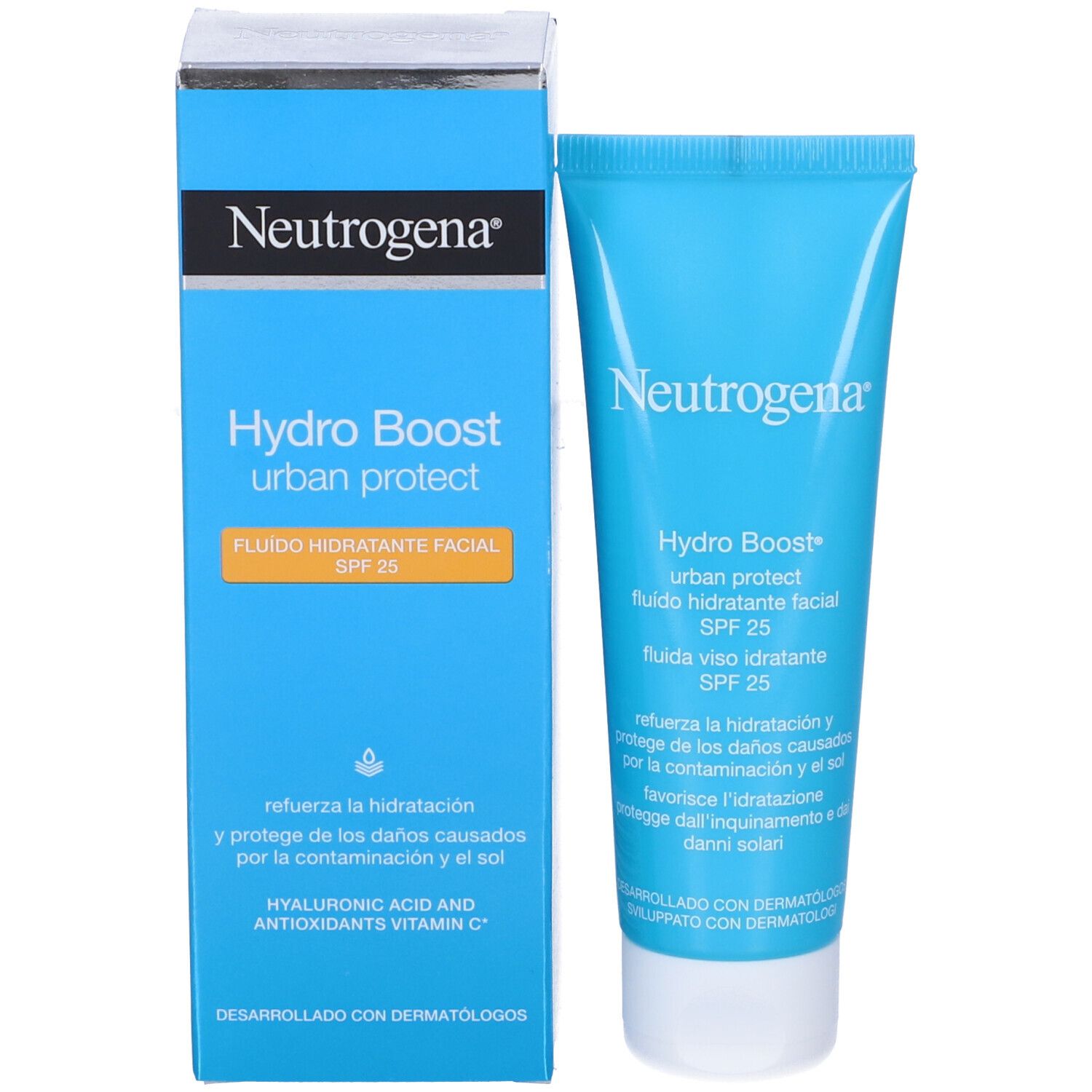 Neutrogena Hydro Boost Urban Protect Fluido e confezione. Blu e bianco.